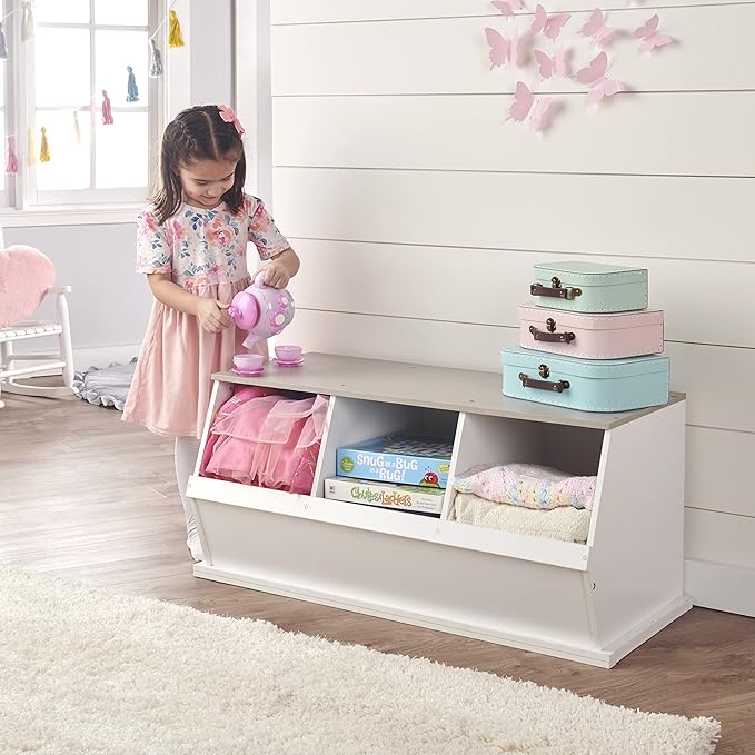 Badger Basket 3-Bin Stackable Toy Storage Cubby Organizer, Modular Space-Saving Storage for Toys, Blankets, Crafts, Playroom, Bedroom, or Living Room – White & Light Gray
