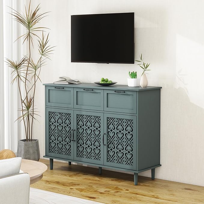 Green 3 Doors 3 Drawers Buffet Sideboard Cabinet - Accent Cabinet with Adjustable Shelves，47 Inch Wide Wood Storage Cabinets for Dining Room,Living Room and Kitchen