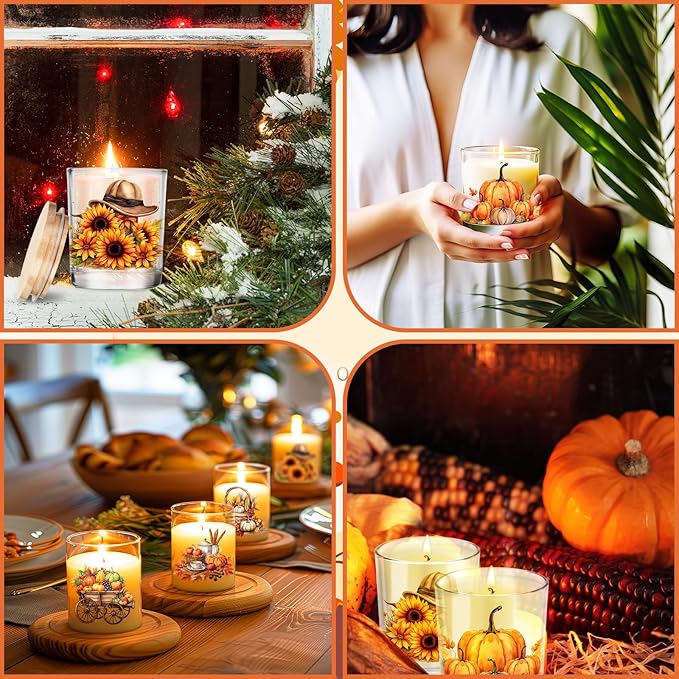 Ziliny 10 Pcs Thanksgiving Glass Candle Jars Empty Containers Bulk 7 oz Fall Pumpkin Harvest Sunflower Glass Jars with Cork Lids Tins for Candle Making Storing Biscuits Party Favors