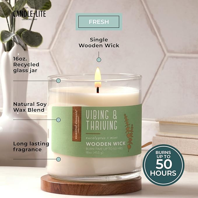 Candle-lite Essential Elements Scented Candles, Vibing & Thriving, 16 oz Jar, Proudly Poured in The USA, Aromatherapy, Single-Wick with 50 Hours of Burn Time, Perfect for Creating a Relaxing Ambiance