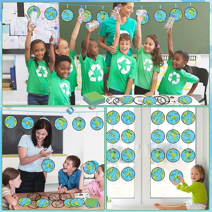 Qyeahkj 36 Set Happy Earth Day Suncatchers Crafts for Kids DIY April 22 Window Tissue Paper Craft Kit Hanging Decor for Earth Day Classroom Home Activity Art Project Birthday Party Favor