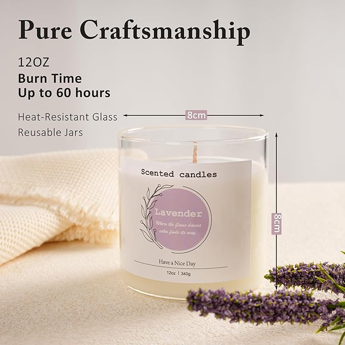 Lavender Scented Candle – 100% Natural Soy Wax, Cotton Wick, Odor Eliminating, Calming Herbal Aroma, 12oz, 60 Hour Burn, White – Ideal for Home Decor, Spa, Bath, Parties & Gifts