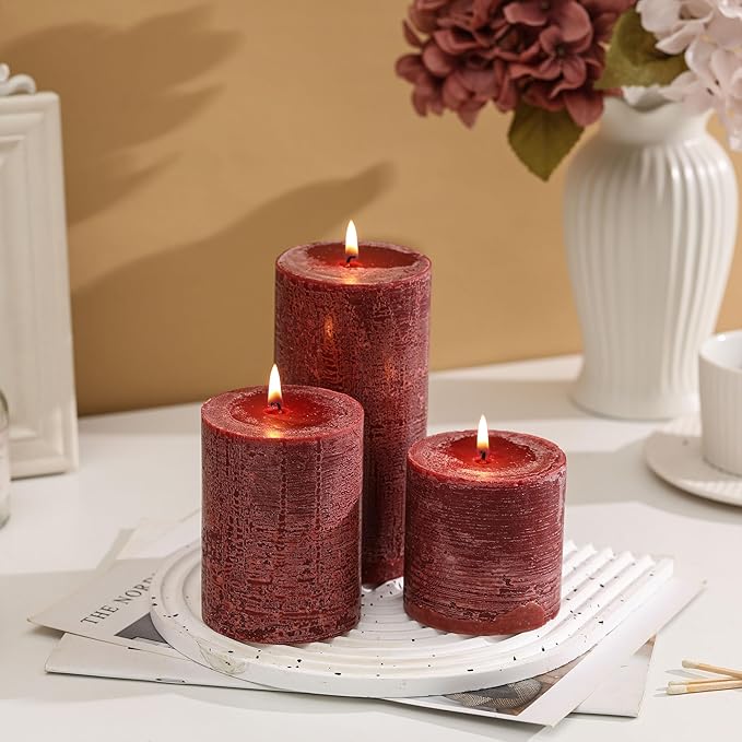 3x4 Inch Burgundy Pillar Candles Set of 3 - Hand-Poured Unscented Candles, Long Clean Burning, Dark Red Pillar Candle, Smokeless Dripless Candle for Dinner Table, Wedding, Home, Rustic Decor