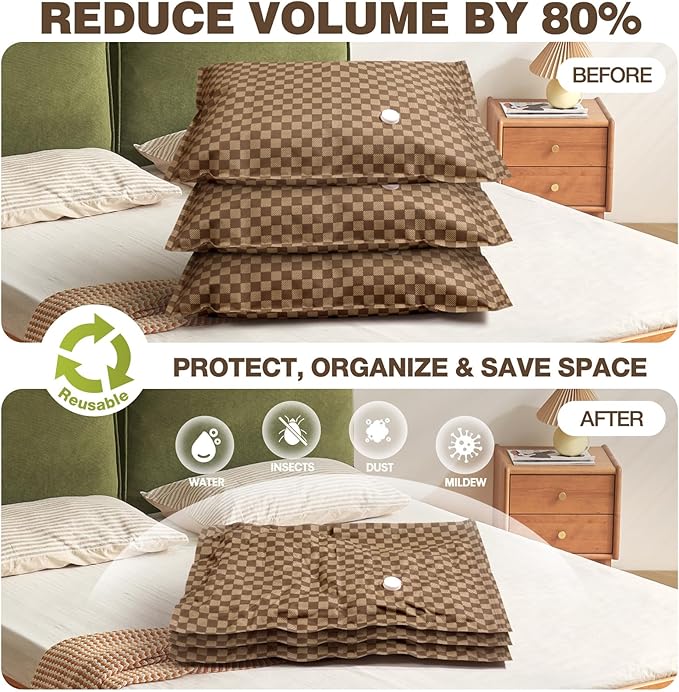 6 Pack Cloth Vacuum Storage Bags, Vacuum Seal Bags for Clothing with Hand Pump, 2 Large+4 Medium, 80% Space Saver Bags for Luggage, Comforters,Blankets, Home Travel Essentials(Khaki Checkered)