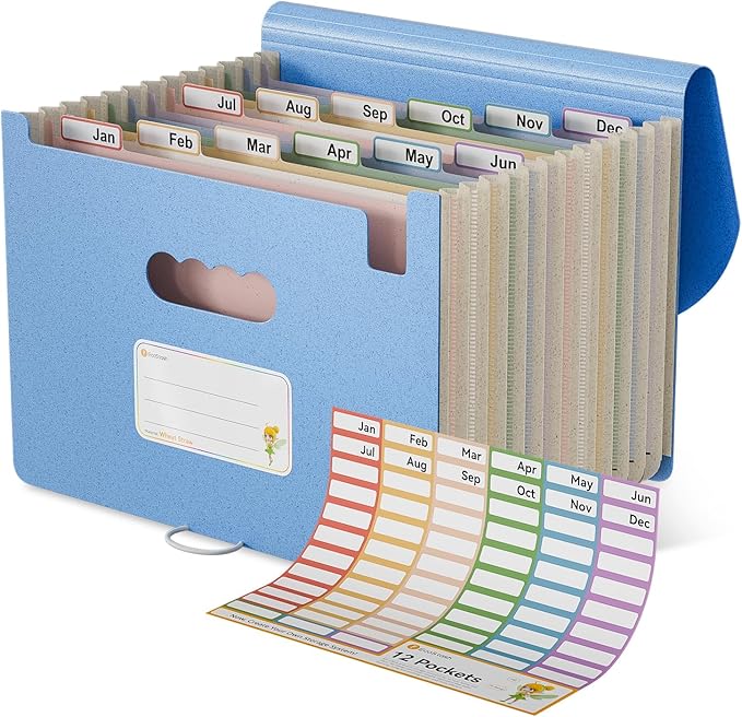 EcoStash Accordion File Organizer, 12-Pocket Wheat Straw Expanding File Folder, Portable Monthly Bill & Tax Receipt Organizer, Letter/A4 Size Document Holder with Colorful Tabs-UN Blue