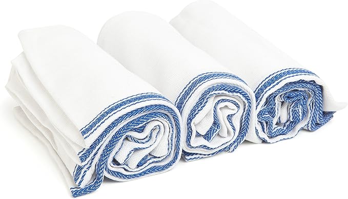 Bulk Economy Wholesale Kitchen Dish Towels (300 Towels) - 100% Cotton Herringbone - Commercial Grade - Bleach Resistant - Restaurant Bar Mops - 24 oz/dz - White with Blue Stripes