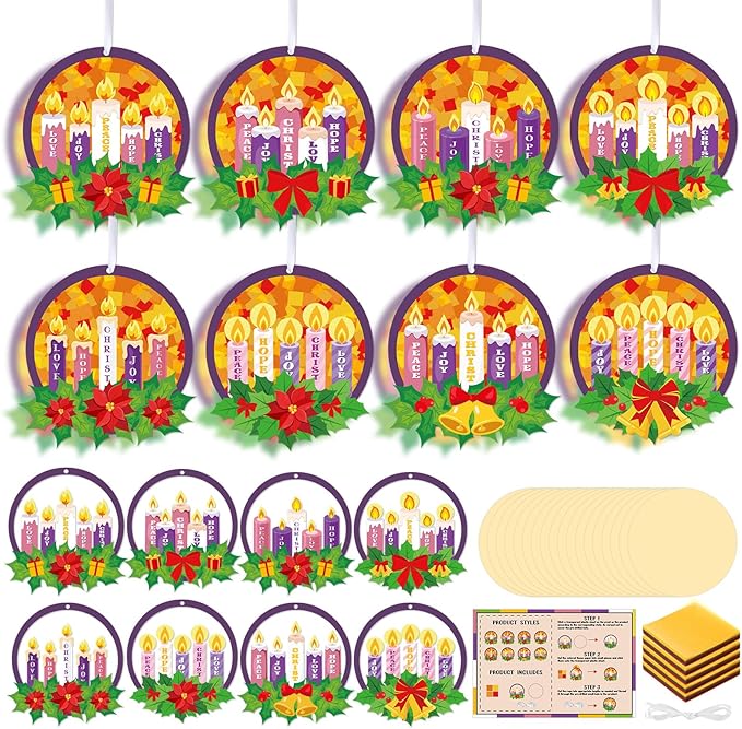 Tinlade 32 Packs Christmas Advent Wreath Suncatchers Crafts Make Your Own Advent Candle Suncatchers DIY Tissue Craft Gifts Joy Christ Hope Hanging Ornaments Xmas Home Church Classroom Activities