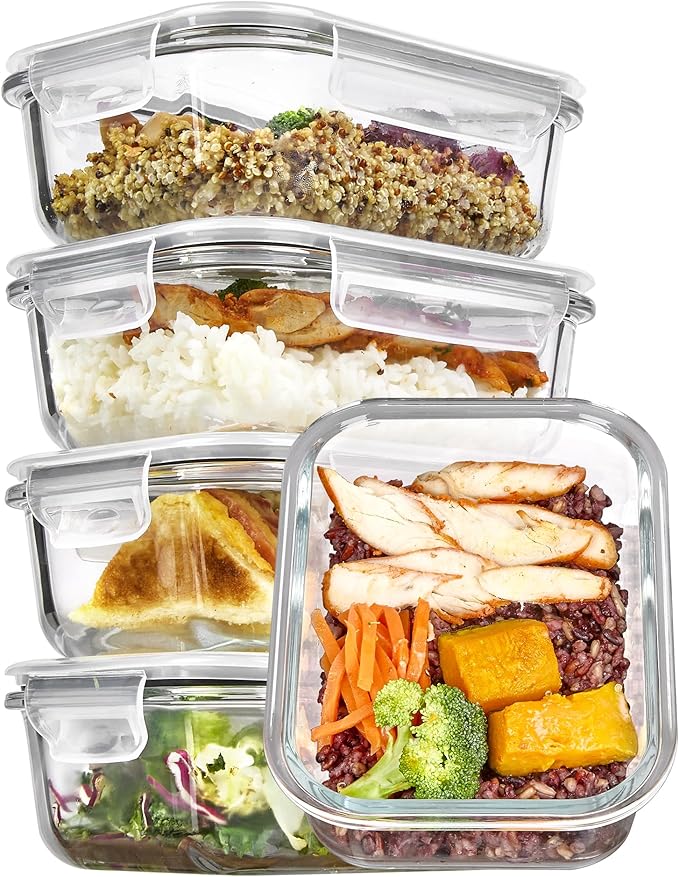 Vtopmart 5 Pack 35+22oz Glass Food Storage Containers with Lids, Airtight Reusable Meal Prep Lunch Container Set, Safe for Oven, Microwave, Freezer, and Dishwasher