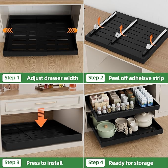 PAKETA 4 Pack Expandable Pull Out Cabinet Organizer, 21'' Deep Pull Out Drawers for Cabinets, Upgrade 3 Slide Rails Sliding Drawers for Cabinet with Adhesive Nano Film (Black, 21"D X 15-26"W ）