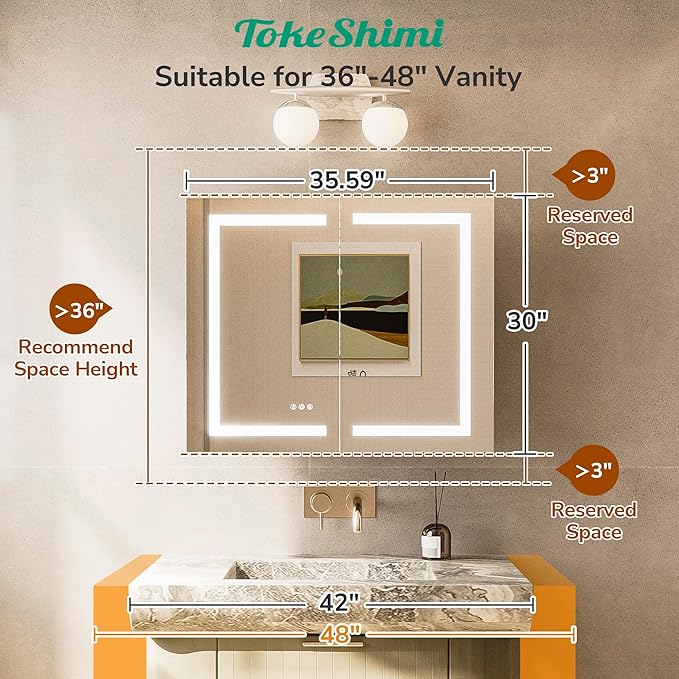 TokeShimi 36x30 Led Mirrored Medicine Cabinet Recessed for Bathroom Vanity, 3 Color Dimmable Medicine Cabinet with Mirror Lighted and Defogger,2-Side Fornt Lit Bathroom Mirror with Storage,2 Sockets