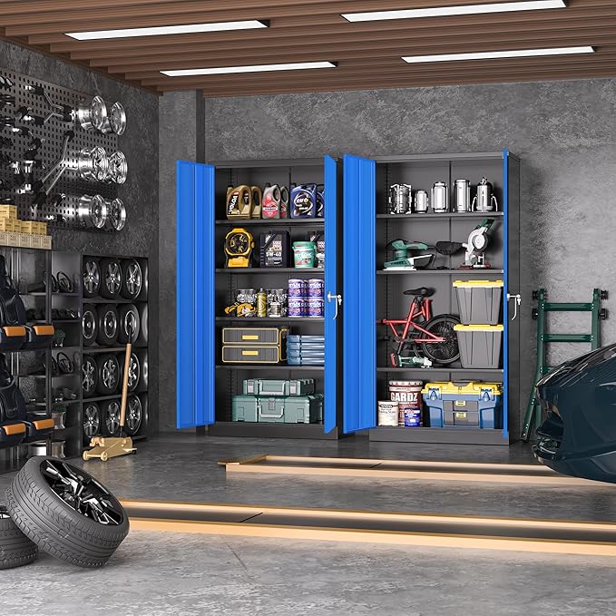 Greenvelly Metal Garage Storage Cabinet,72" Steel Storage Cabinets with Doors and Adjustable Shelves, Metal Tool Cabinets, Locking File Cabinet for Home Office, Garage, School (Black Blue36 Wx18 D)