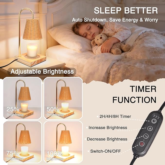 Candle Warmer Lamp with Timer Dimmable, Natural Weaving Boho Electric Wax Warmer Lamp, Birthday Gifts for Women Mom, House Warming Gifts New Home Decor(Candles not Included)