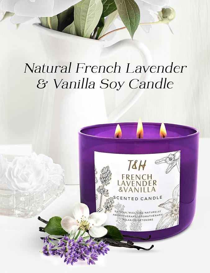 Lavender Vanilla 3-Wick Soy Candle | 80 Hour Burn | 15.8 oz Aromatherapy Scented Candle for Home | Calming Floral Scent | Gift Ready