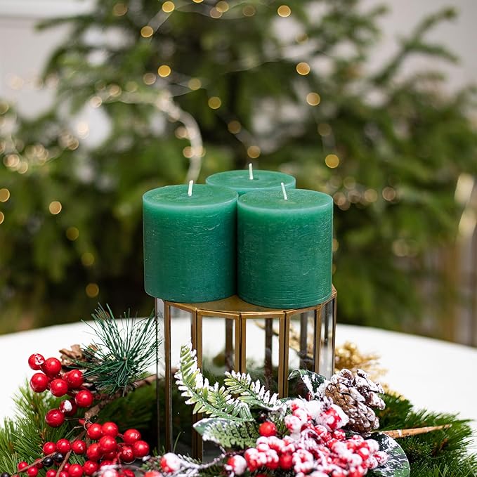 CANDWAX 3x3 Inch Green Pillar Candles Set of 3 - Rustic Unscented No Drip Green Candles for Weddings, Centerpieces, Home Décor, Christmas Decorations