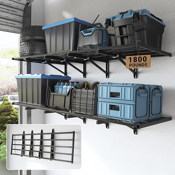 FLEXIMOUNTS Fold-Down 2x6ft Garage Wall Shelving, 2-Pack Heavy Duty Folding Garage Shelving Wall Mounted, 1800 lbs Capacity, Storage for Power Tools, Garden Supplies & Seasonal Storage, Lite Series