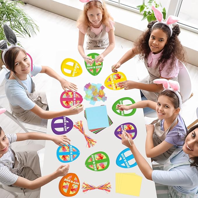 Qyeahkj 36 Set Easter Eggs Suncatchers Crafts for Kids DIY Jesus is Alive Cross Window Tissue Paper Craft Kit Religion Hanging Decor for Church School Home Activity Art Project Party Favor Gift