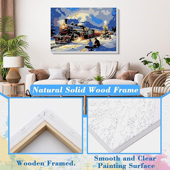 Skyboda Christmas Paint by Numbers Kit for Adults Beginners with Frame, Christmas Train Adult Paint by Number Kits on Canvas, Easy DIY Oil Painting Kits for Home Decor, 8x12in