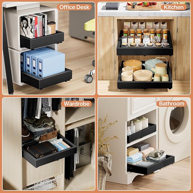 2 Pack Pull out Cabinet Organizer, Width (12"-19") Depth (17"-23"), with 3 Rails Adjustable Slide, Expandable Pullout Drawers for Cabinets, No Drill Adhesive Kitchen Drawers for Pantry Shelves