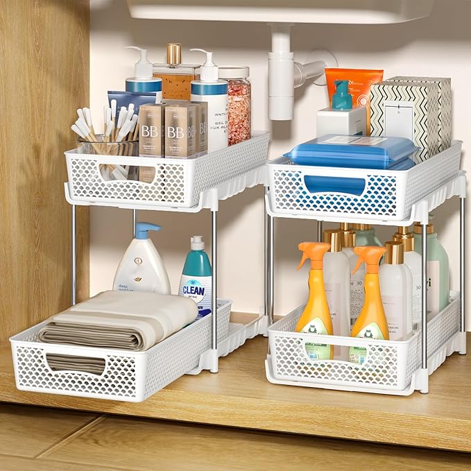 DABIGE 2 Pack Pull Out Bathroom Organizers and Storage, 2 Tier Stackable Under Sink Storage Organizer for Bathroom, Kitchen Cabinet, Pantry, and Medicine Holder, Organization and Storage - White