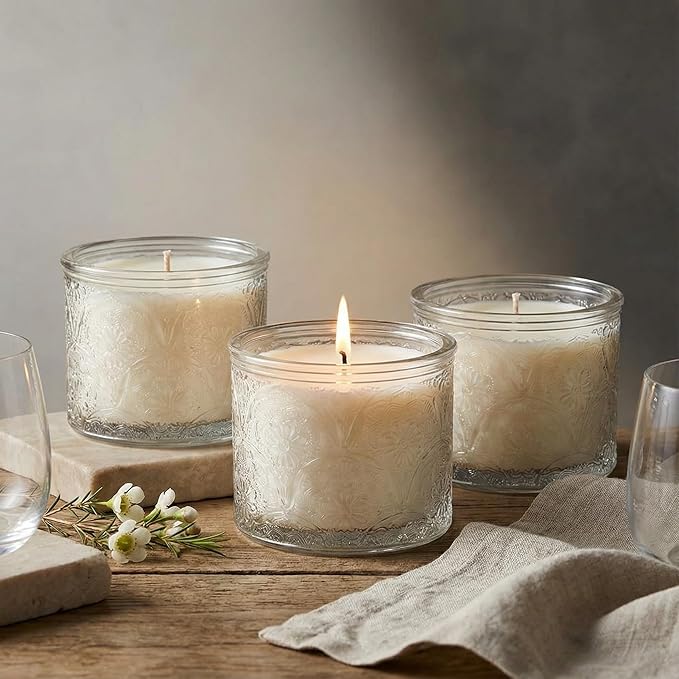 10 oz Embossed Glass Candle Container with Bamboo Lids and Labels, Clear Candle Jars for Making Candles, Mandala Design - Pack of 9