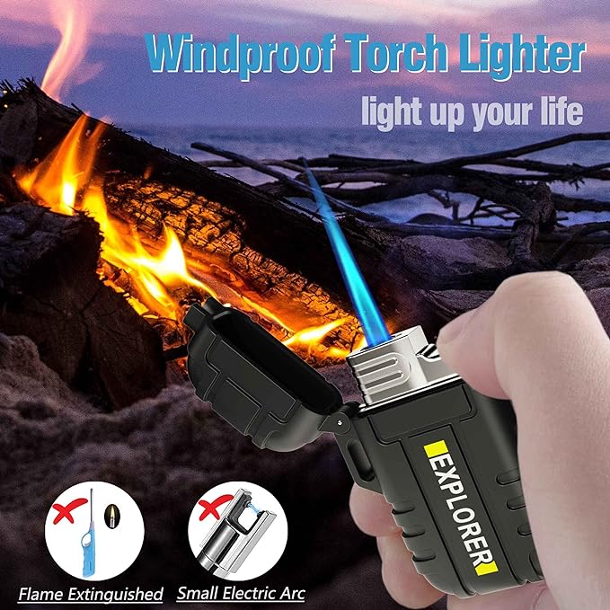 Torch Lighter, 2 Pack Butane Windproof Outdoor Gas With Adjustable Jet Flame, for Fireplace Fireworks Grill Camping BBQ, Gifts for Men (Without Gas) (Black+Black)