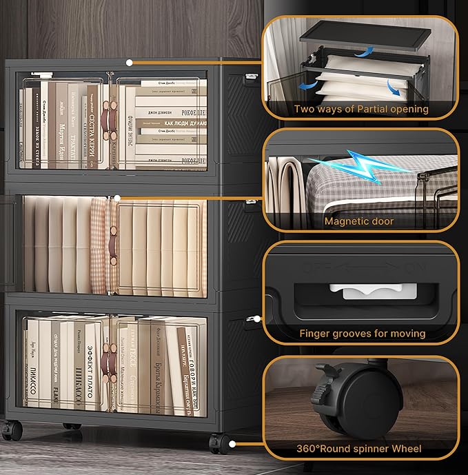 UAMFURI Extra Large Stackable Storage Bins with Lids & Wheels, Foldable Collapsible Closet Organizers Dark Storage Cabinet with Doors for Bedroom Dorm