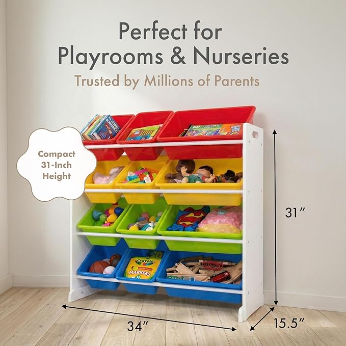 Humble Crew Kids Toy Storage Organizer with 12 Plastic Bins, White/Primary – Removable Bins for Playroom, Bedroom, Toddler Furniture for Boys and Girls Ages