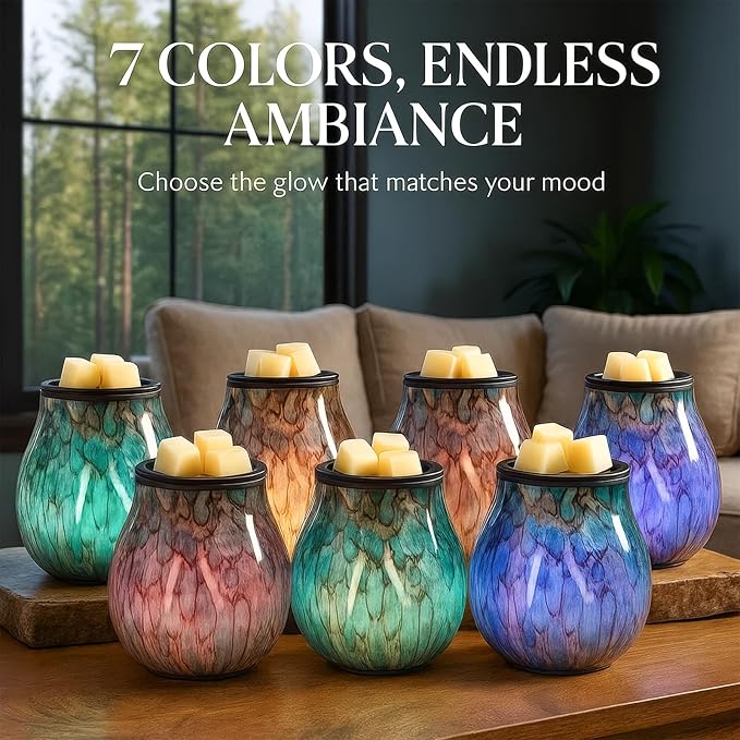 Leyoue Glass Electric Wax Melt Warmer Wax Warmer with Timer PTC Heating Plate 7 Colors LED Changing Light Wax Burner Melter Fragrance Warmer for Home (Stone Pattern)