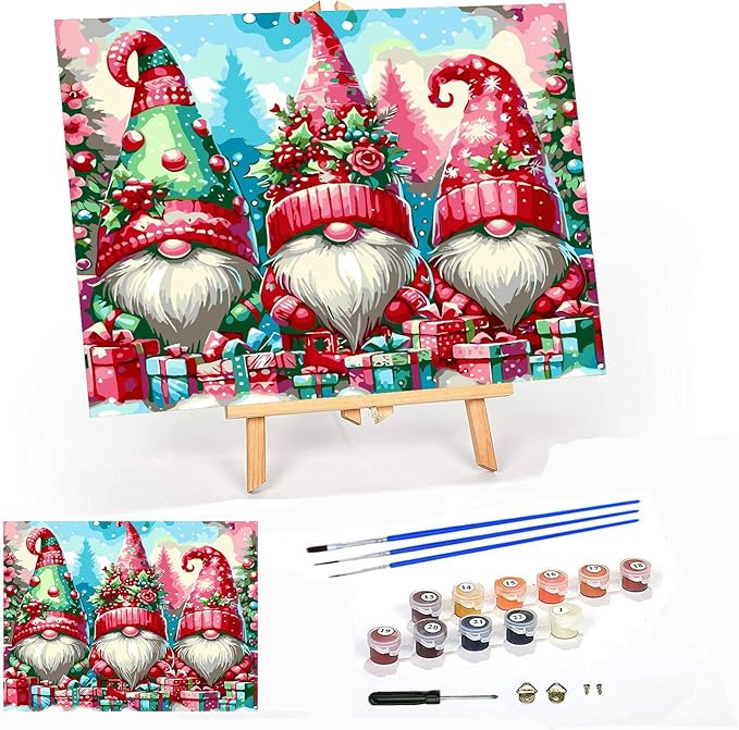 Meothan Framed Paint by Numbers Kits for Adults, Christmas Gnomes Paint by Number on Canvas with Easel for Home Wall Decor 11.8x15.7inch (30x40cm)
