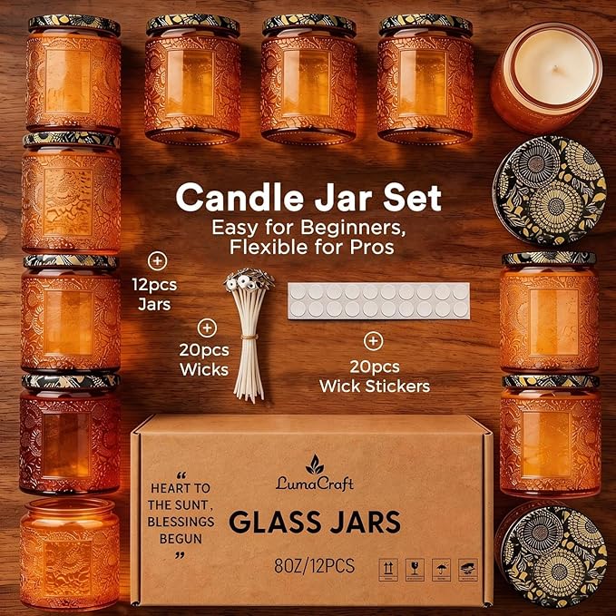 LumaCraft Luxury Embossed Glass Candle Jars for Making Candles - 12 Pack Empty Candle Containers with Airtight Metal Lids, 20 Wicks & 20 Stickers, Colored Glass Jars for Gifts & Decor-8OZ