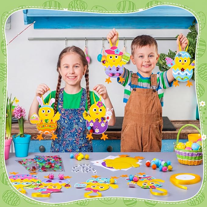 Funrous 48 Sets Easter Crafts Kit Easter Egg Chick Paper Crafts DIY Make Your Own Chick Hanging Ornaments Decorations with Pompoms Diamond Stickers Spring Classroom Activity Arts Gifts Party Favors