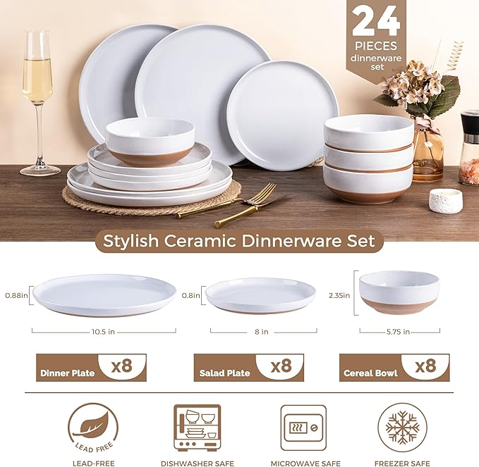 AmorArc Ceramic Dinnerware Sets for 8, 24 Pieces Handpainted Plates and Bowls Set with Rustic Terracotta Underside, Scratch Resistant Stoneware Dishes Set, Dishwasher & Microwave Safe, White