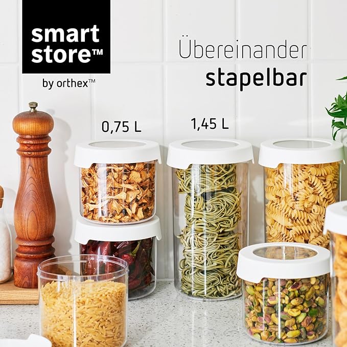 SmartStore Round Clear Dry Food Containers with Lids Starter Set of 6-20% Bio-based Plastic Storage Box with Lid, BPA Free, Dishwasher Safe - Kitchen Storage Containers 4x 0.75L, 2x 1.45L
