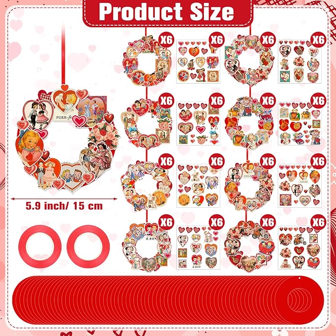 Hollowfly 48 Sets Vintage Valentine's Day Wreath Craft Kits for Kids DIY Heart Wreath Hanging Ornaments Make Your Own Paper Craft for Valentine's Day Home Party Favors School Classroom Activities