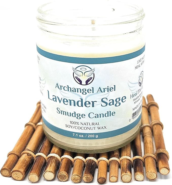 Lavender Sage Candle - Archangel Ariel Candle for Chakra Healing & Energy Cleansing - Reiki Charged White Sage Candle for Home (7 oz)
