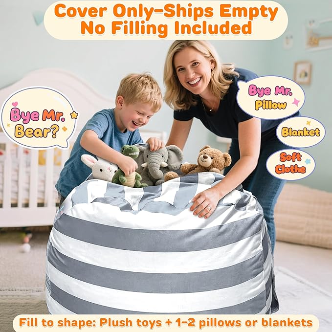 Lukeight Stuffed Animals Storage Bean Bag Chair Cover Only (Ships Empty, No Filling) - Velvet YKK Zipper Beanbag Cover for Big Kids and Teens, Washable Plush Toy Organizer, XX-Large 36" D x 20" H