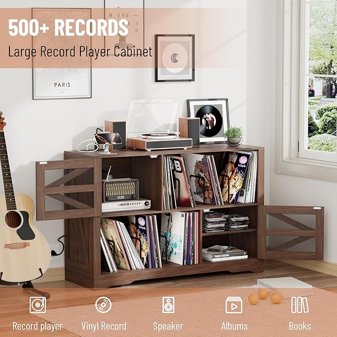 Large Record Player Stand with Vinyl Storage, 500+ Vinyl Record Storage Cabinet, 47 Inch Record Player Table with Power Outlet, Farmhouse Wooden Turntable Stand for Living Room, Walnut