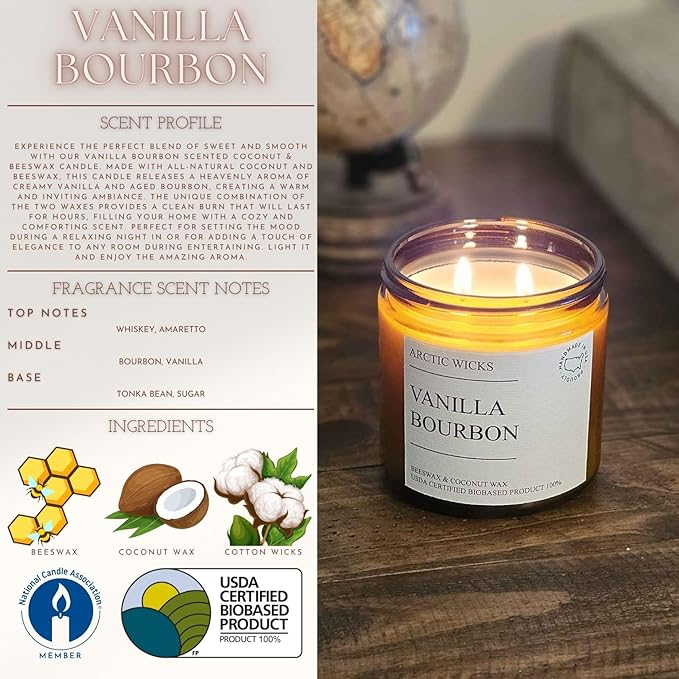 Vanilla Bourbon Candle | Arctic Wicks 16oz Coconut & Beeswax Candles | Scented Non-Toxic Candles for Fall, Winter, Holidays, Gifts for Him, Whiskey Bourbon, Vanilla | USDA Certified Biobased