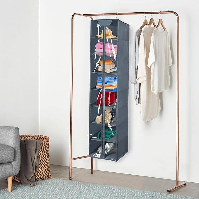 Coastal Rose 8 Tier Clear PVC Hanging Organizer With Zipper, Sweater Storage Shelves With Cover, Shoe Organizer for Closet, Grey