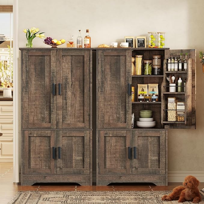 TEENFON Storage Cabinet with 4 Doors, 43.3" H Farmhouse Kitchen Cabinet with 6 Door Shelves, Kitchen Storage Cabinets with Adjustable Shelves, for Living Room, Antique Oak