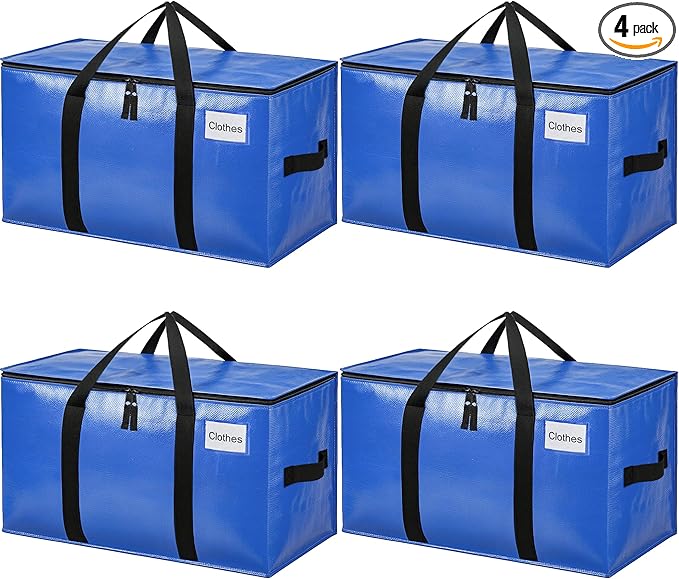 BAGAIL Heavy Duty Moving Bags with Strong Handle, Extra Large Moving Boxes, Storage Tote for Clothes, College Moving Supplies(Blue, 4 Pack)