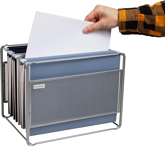 Mind Reader Hanging File Folder Organizer, Desktop Organizer, Storage, Office, Metal Mesh, 13"L x 9.75"W x 10.25"H, Silver