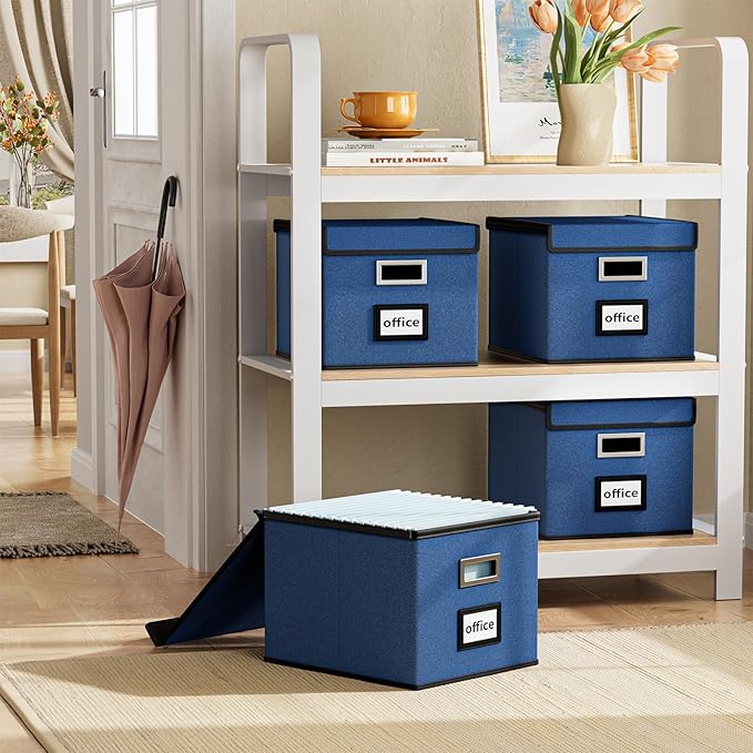 Huolewa Decorative File Organizer Boxes Office Document Storage with Lids, Portable Collapsible Linen Hanging Filing & Storage Boxes for Office/Decor/Home (Royal Blue) -14.9 x 12.7 x 10.8 inch -2 Pack
