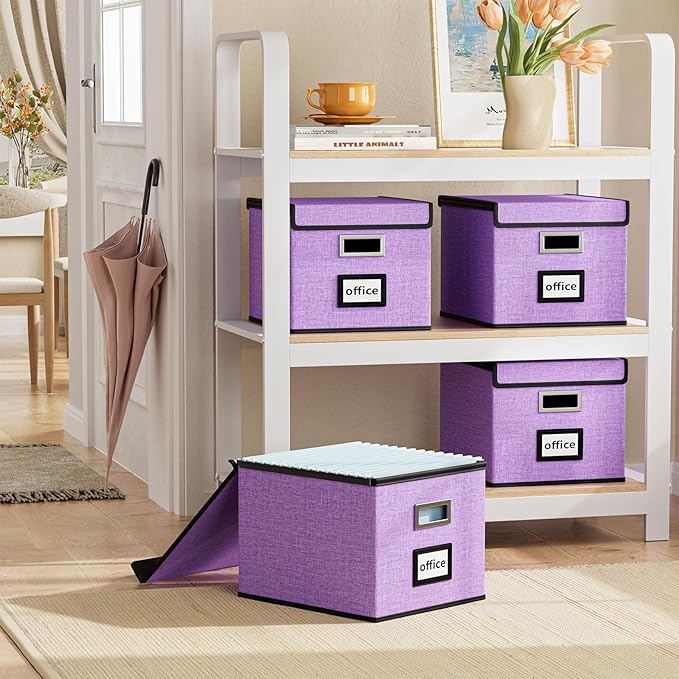 Huolewa File Organizer Box with Lid, Collapsible File Folder Organizer for Office Document Storage, Filing Box with Plastic Slide for Letter Size Hanging File Folders(1 Pack, Lavender)