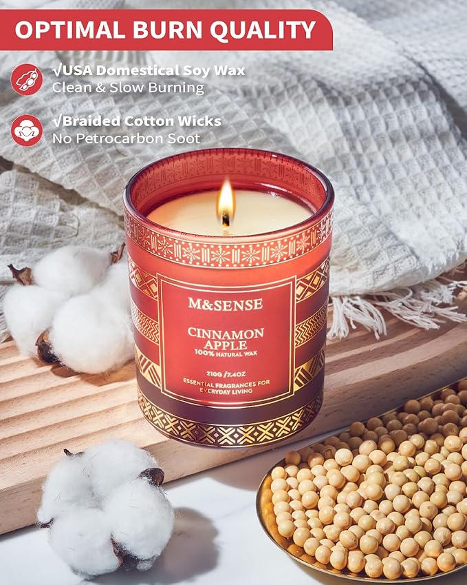 M&SENSE Cinnamon Apple Christmas Soy Candle, Natural Non Toxic 7.4oz 45 Hour Long Burning, Winter Luxury Holiday Candle for Home Scented, New Year Gifts for Men & Women
