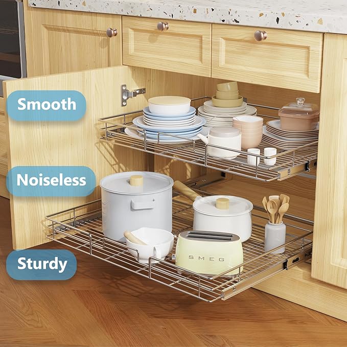 LOVMOR Individual Pull Out Cabinet Organizer, 2 Tier Slide Out Cabinet Drawers, Pots and Pans Organizer and Storage Pantry Shelf for Kitchen (30" W x 21½" D)