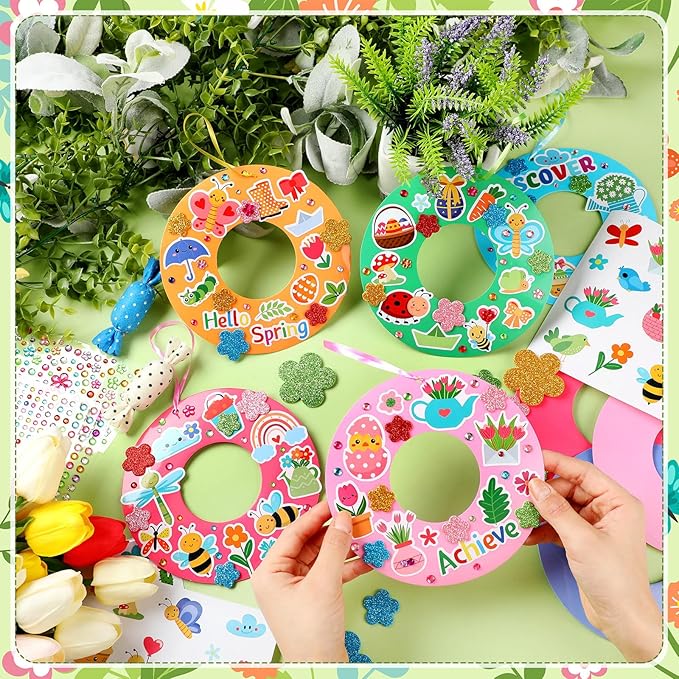 Hollowfly 48 Sets Spring Wreath Craft Kits DIY Wreath Hanging Ornaments Make Your Own Paper Craft with Stickers for Home Party Favors Activities