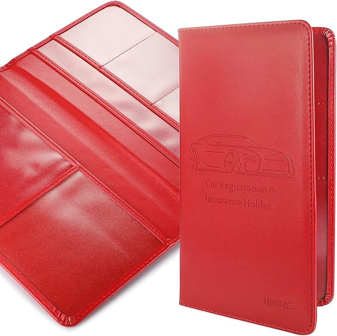 HIIXHC Car Registration and Insurance Card Holder - Leather Vehicle Glove Box Automobile Documents Paperwork Wallet Case Organizer for ID, Driver's License, Key Contact Information Cards