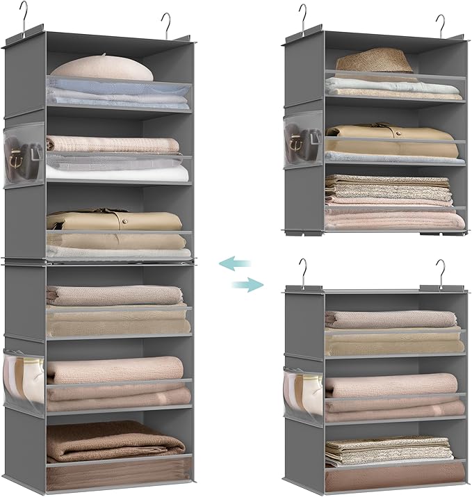 SONGMICS Hanging Closet Organizer, 6-Tier Fabric Storage Shelf, Separable Closet Hanging Shelf with Side Pockets, Foldable, Metal Hooks and Bamboo Inserts, Dove Gray URCH007G01