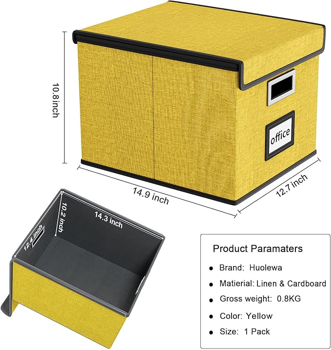 Huolewa File Organizer Box with Lid, Collapsible File Folder Organizer for Office Document Storage, Filing Box with Plastic Slide for Letter Size Hanging Files(1 Pack, Yellow)
